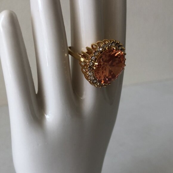 Cocktail Ring Gold Plated w Round Champagne Stone & Surround CZ Stones Sz.7.25 - Picture 7 of 13